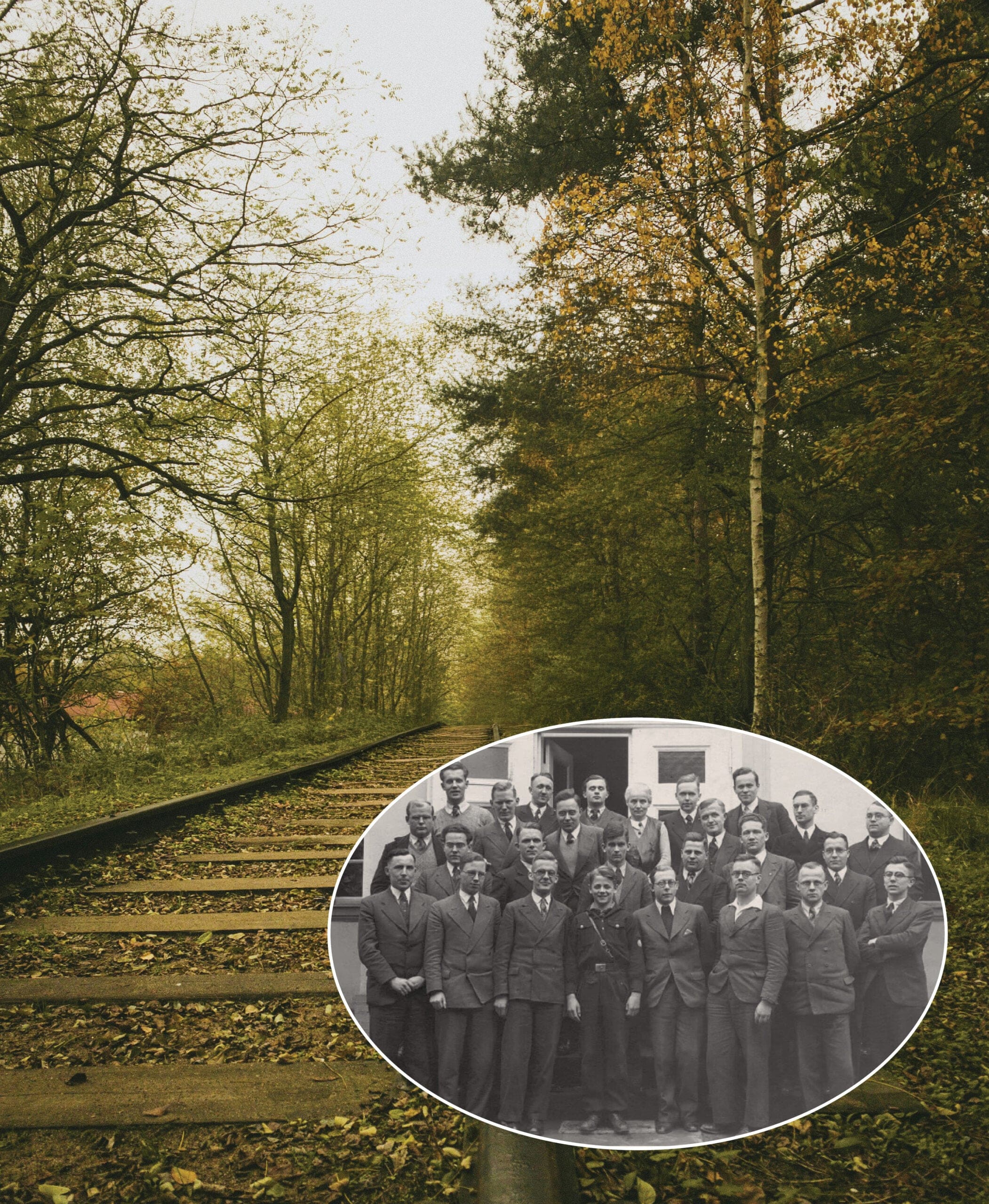 A railway track surrounded by autumn trees. Inset at the bottom right is a black-and-white photo of a group of men in suits standing together, posing for the camera.