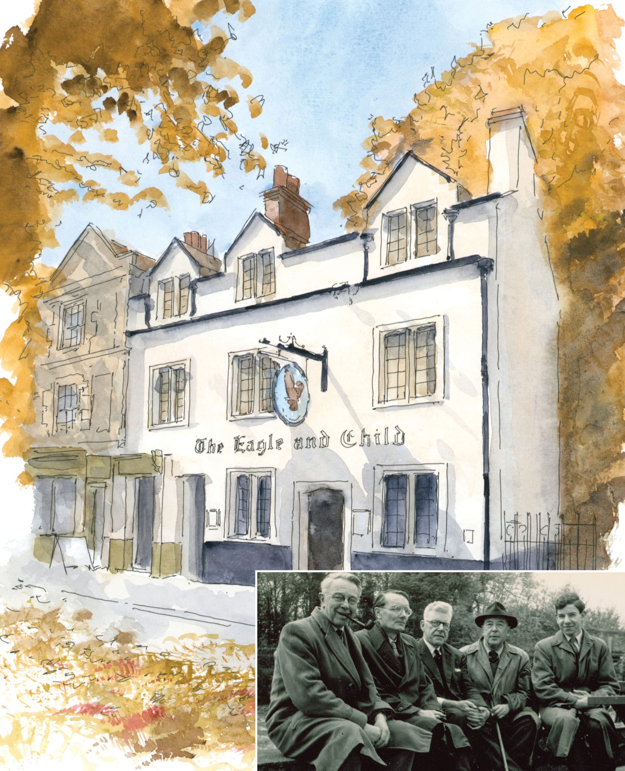 A watercolor painting of The Eagle and Child pub with autumn trees. Inset at the bottom right is a black-and-white photo of five men sitting on a bench outdoors.