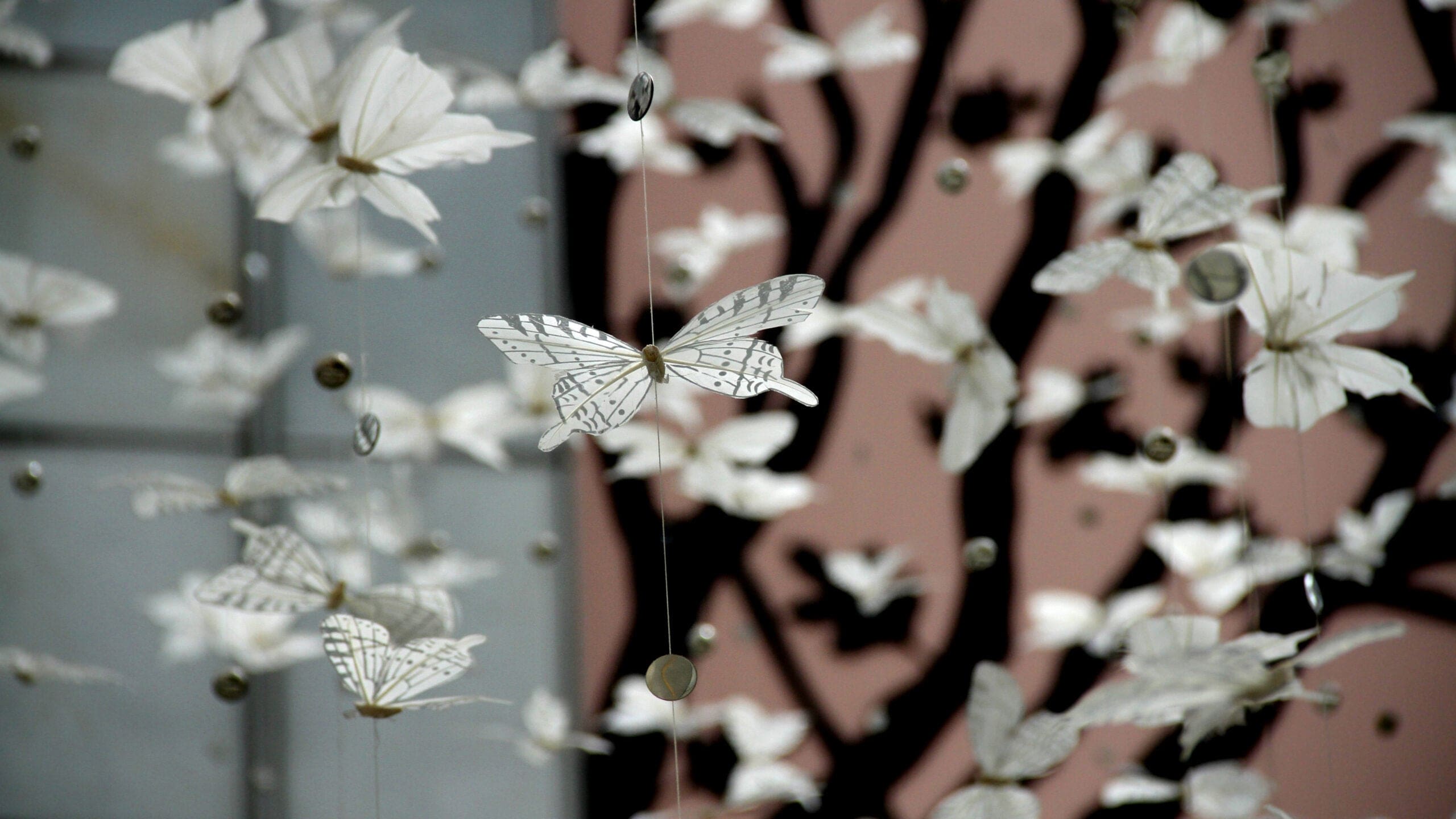 A close-up shot of a decorative art installation featuring numerous white, paper-like butterfly cutouts suspended on thin, vertical strings against a pale pink background with dark, abstract, branch-like patterns.